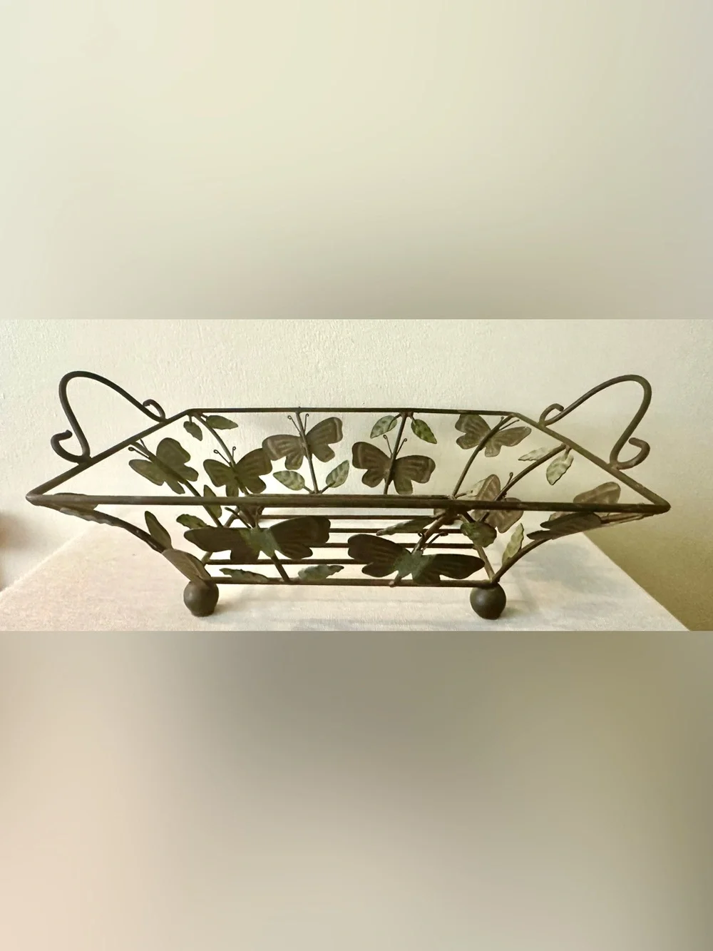 Vintage Wrought Iron Butterfly Caddy Tray Verdigris Metal Wire Basket